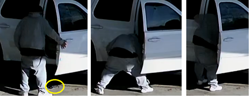 Surveillance video still images showing a person move a gun from the ground to inside a vehicle