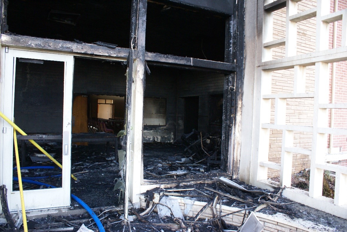 Fire damage in the foyer of the Church of Jesus Christ of Latter-day Saints in Farmington, New Mexico