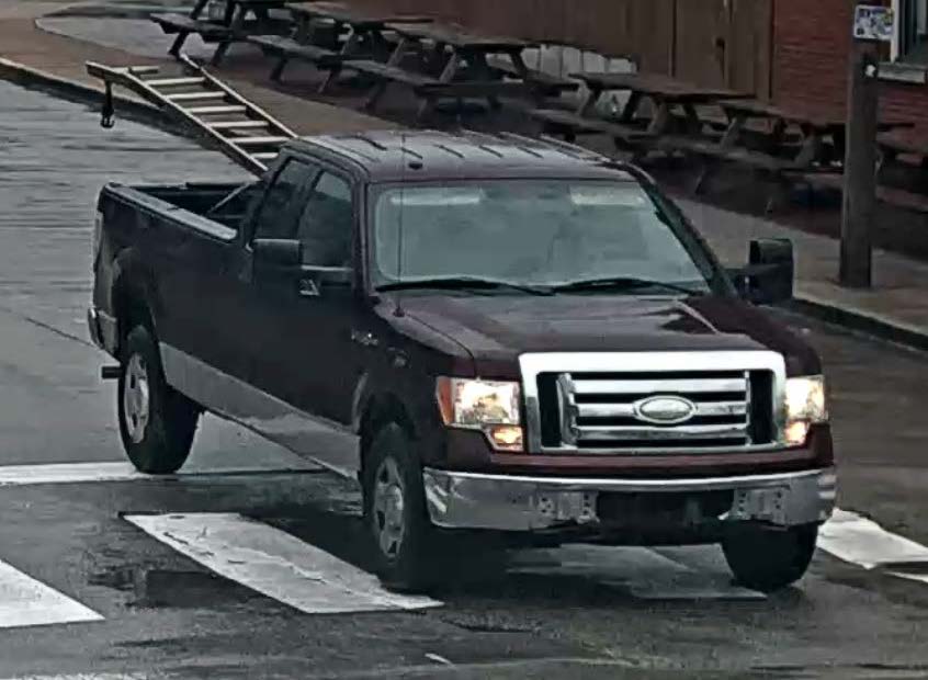 The front of a dark-colored truck with a ladder in the back of it.