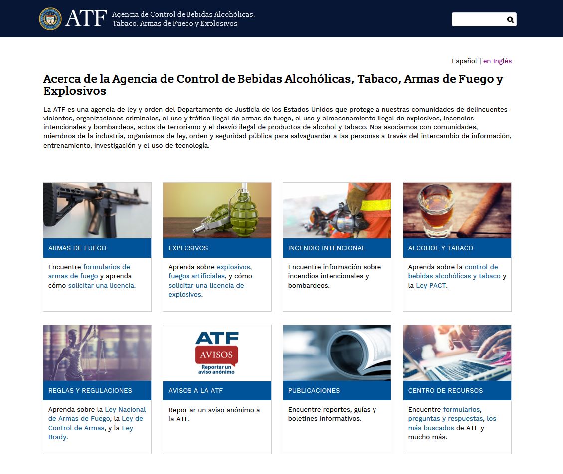 ATF.gov homepage translated into Spanish
