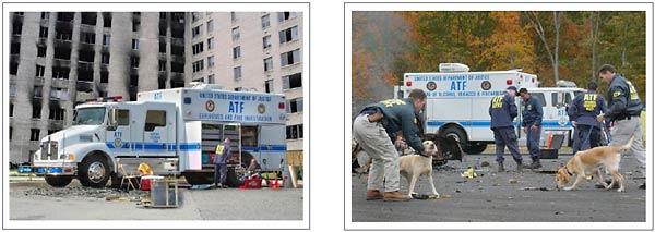 Two images. The image on the left is the current ATF National Response Team (NRT) vehicle and an ATF agent next to it.  The image on the right shows ATF agents and excellerant detection canines investigating an arson with the NRT vehicle in the background.