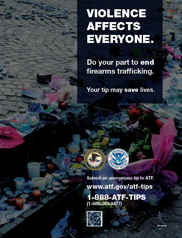 ATF I 3317.8 P Anti-Firearms Trafficking Campaign Poster a violent gun crime memorial with flowers and candles