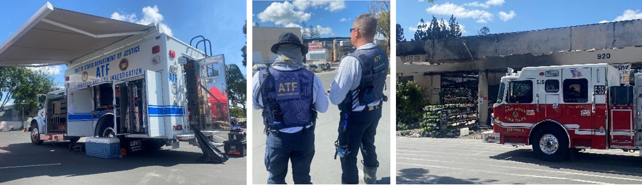 ATF National Response Team (NRT) vehicle (left), two ATF NRT investigators looking at the fire scene (center), and San Jose Fire Department fire truck (right).