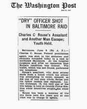 Image of the Washington Post newspaper article, dated June 8, 1927, titled Dry Officer Shot in Baltimore Raid