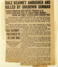 Image of the newspaper article with the headline, Dale Kearney Ambushed and Killed by Unknown Gunman