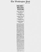 Image of The Washington Post newspaper article, dated May 13, 1929, with headline, Police Arrest Man as Driver in Death Chase
