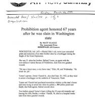 Image of ATF Summary, dated March 25, 1999, with headline: Prohibition agent honored 67 years after he was slain in Washington State