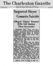 Image of newspaper article in The Charleston Gazette, with headline: Suspected Slayer Commits Suicide