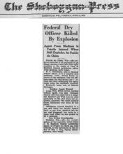 Image of newspaper article from The Sheboggan Press, dated June 14, 1932, with headline: Federal Dry Officer Killed by Explosion