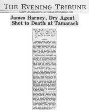 Image of newspaper article from The Evening Tribune, dated September 24, 1932, with headline: James Harney, Dry Agent Shot to Death at Tamarack