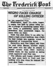 Image of The Frederick Post newspaper article, dated April 14, 1930, with the headline, Negro Faces Charge of Killing Officer