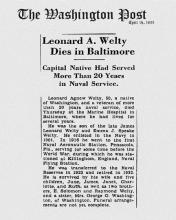 Image of newspaper article in The Washington Post, dated April 15, 1933, with headline: Leonard A. Welty Dies in Baltimore