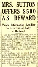 Image of newspaper article with the headline, Mrs. Sutton $500 as Reward