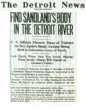 Image of the Detroit News article, dated August 7, 1929, with the headline, Find Sandland's Body in the Detroit River