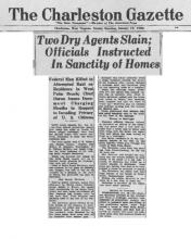 Image of The Charleston Gazette newspaper article, dated January 19, 1930, with the headline, Two Dry Agents Slain; Officials Instructed in Sanctity of Homes (Page 2 of 2)