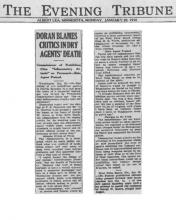 The Evening Tribune article, dated January 20, 1930, with the headline, Doran Blams Critics in Dry Agents' Death