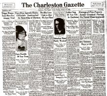 Image of The Charleston Gazette newspaper article, dated January 19, 1930, with the headline, Two Dry Agents Slain; Officials Instructed in Sanctity of Homes, (Page 1 of 2).