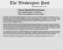 Artículo de The Washington Post, fechado el 2 de marzo de 1993, con el titular Enfrentamiento continúa en Texas; Líder del culto libera a 10 niños, temores sobre Jonestown llevaron a redada
