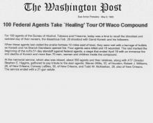 Artículo de The Washington Post, fechado el 9 de mayo de 1933, con el titular 100 agentes federales realizan un recorrido de curación del compuesto de Waco