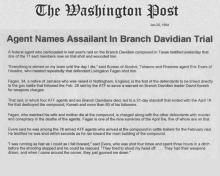 Artículo de The Washington Post, fechado el 20 de enero de 1994, con el titular Agente nombra al agresor en el juicio de Davidianos de la Rama