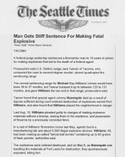 Artículo de The Seattle Times, fechado el 21 de noviembre de 1992, con el titular Hombre recibe una dura sentencia por hacer un explosivo fatal