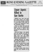 Reno Evening Gazette with the headline, Liquor Agents Killed in Gun Battle.