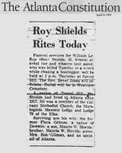 Artículo de The Atlanta Constitution, fechada el 15 de abril de 1954, con el titular, Ritos hoy para Roy Shields 