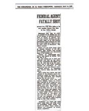 Newspaper article from The Burlington, dated May 14, 1936, with headline: Federal Agent Fatally Shot