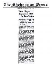 Newspaper article from The Sheboggan Press, with headline: Hunt Slayer Suspect Today In Two States