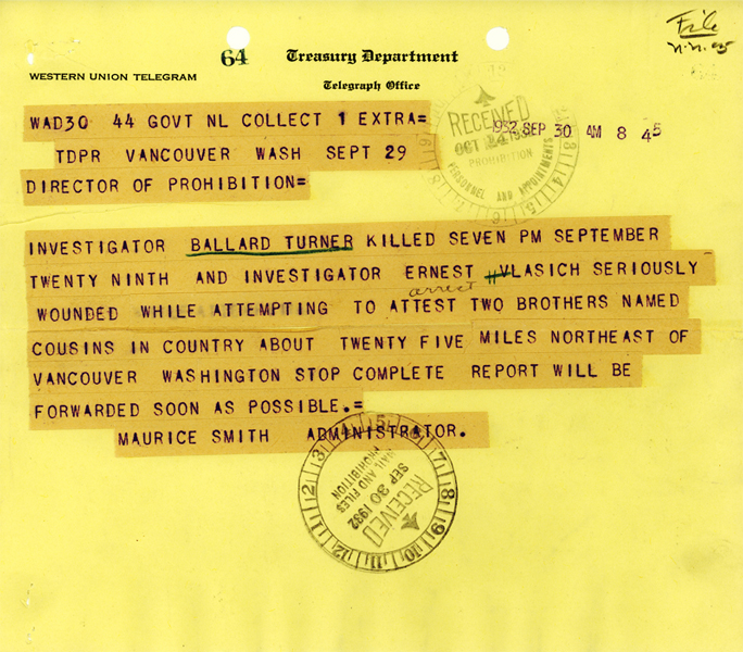 Image of telegram regarding the death of Investigator Ballard Tuner