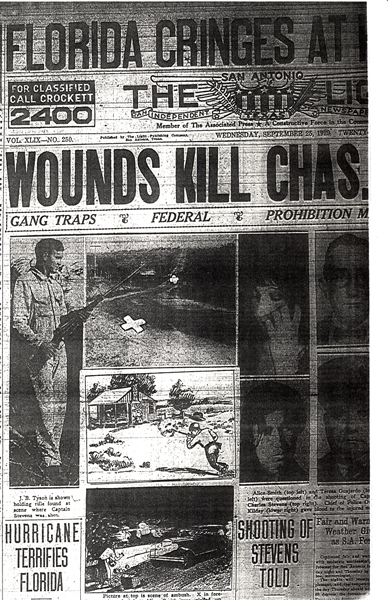 Image of newspaper article with headline, Wounds Kill Charles Stevens (page 1 of 2)