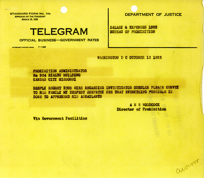 Image of telegram from Director of Prohibition on death notification of Investigator Howard Oursler