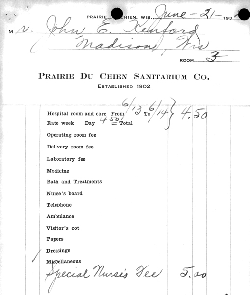 Image of hospital bill from Prairie Du Chien Sanitarium, Co., for Jack Kenford