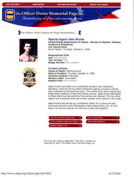 Screenshot image of Officer Down Memorial Page of Special Agent John Nicola