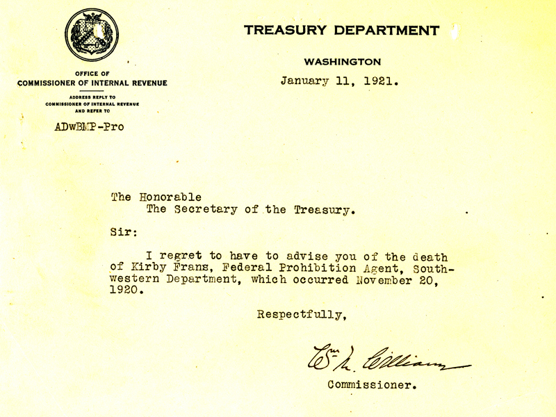 Picture of the death announcement from the Treasury Department regarding Kirby Frans.