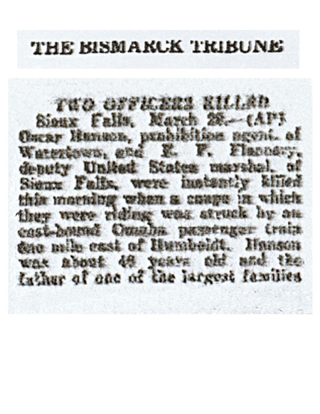 Image of The Bismark Tribune article with the headline, Two Officers Killed