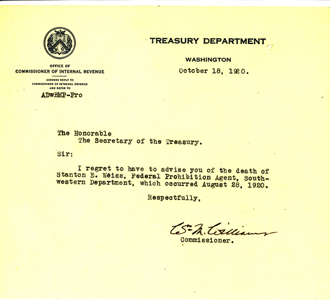 Picture of the death announcement from the Treasury Department regarding Stanton E. Weiss.
