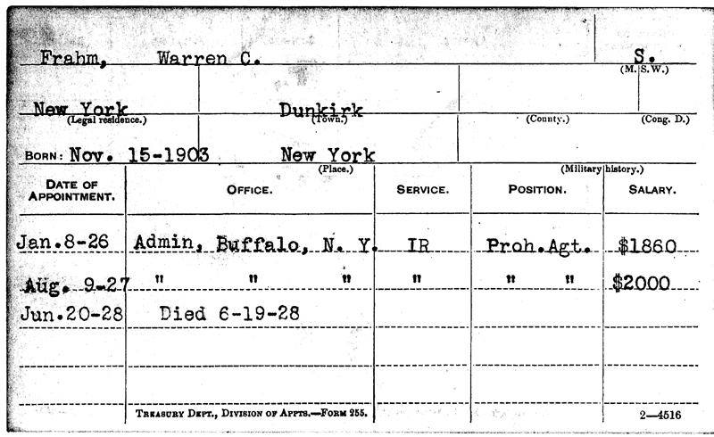 Image of a service record card for Warren C. Frahm