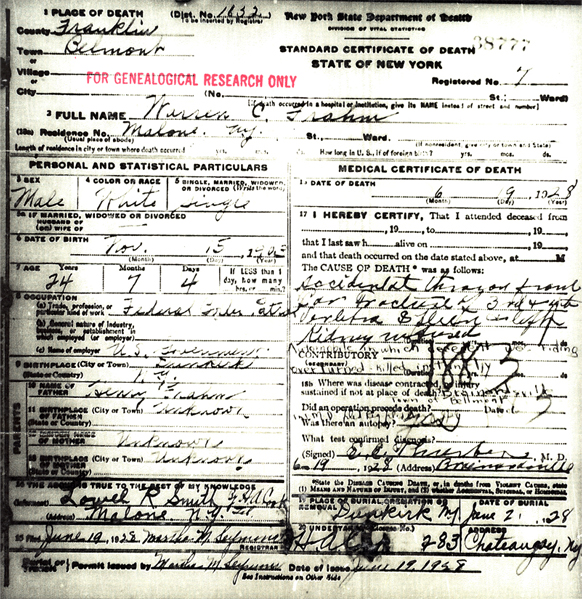 Image of Warren C. Frahm certificate of death
