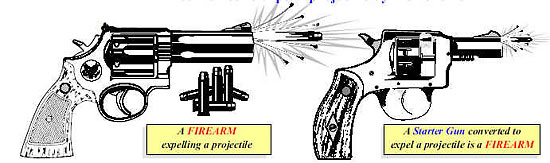 Image of a revolver firearm expelling a projectile and a starter gun converted to a firearm to expel a projectile 