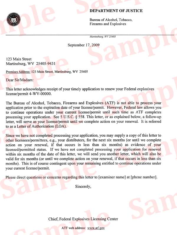 Imagen de un ejemplo de carta de autorización de Licencia Federal de Explosivos