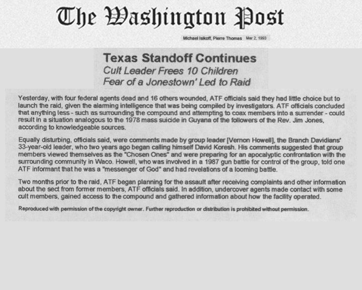 The Washington Post article, dated March 2, 1993, with the headline Texas Standoff Continues - Cult Leader Frees 10 Children, Fear of a Jonestown Led to Raid	