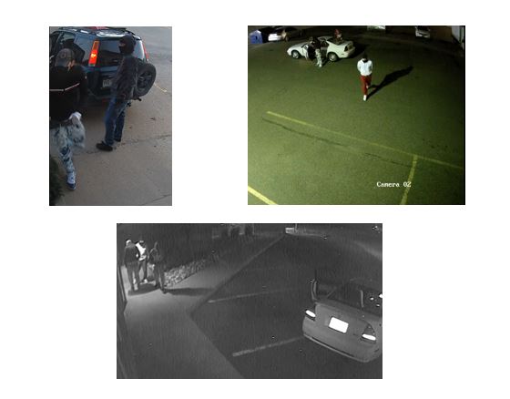 Surveilance camera images of 2 persons of interest with a white car.