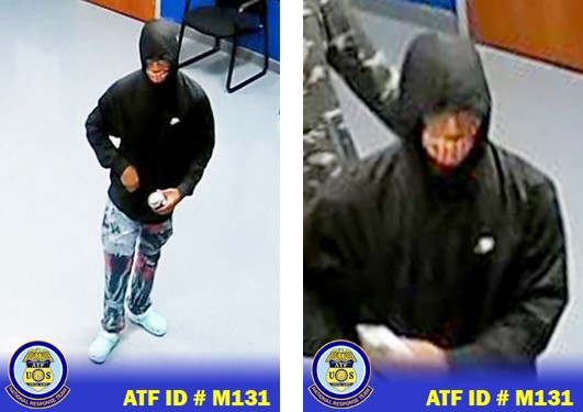Male suspect wearing black hoodie, face covered, eye glasses, distressed denim jeans