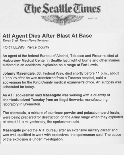 Image of The Seattle Times news article with the headline, ATF Agent Dies After Blast at Base 