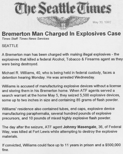 The Seattle Times article, dated May 30, 1992, with the headline Bremerton Man Charged in Explosives Case