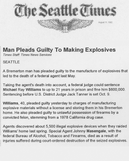 The Seattle Times article, dated August 11, 1992, with the headline Man Pleads Guilty to Making Explosives