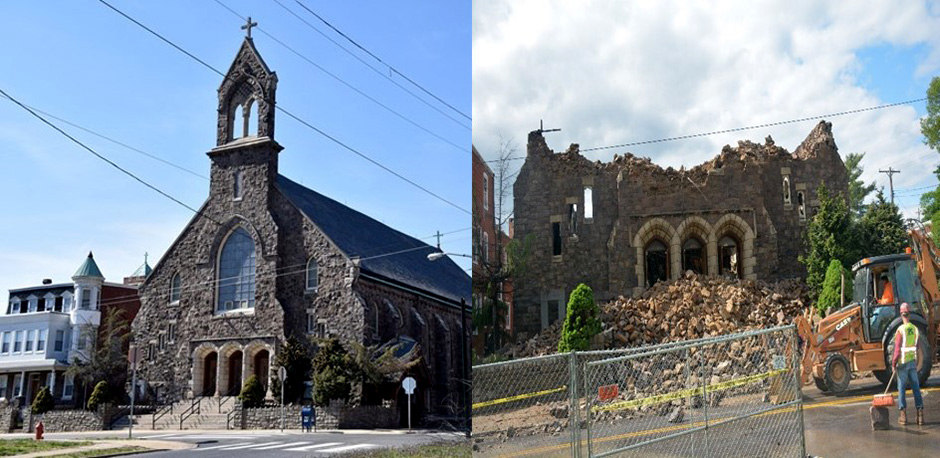 St. Leo's Church before (left) and after (right) the fire.