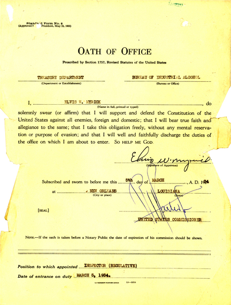 Oath of Office for Elvis Myrick, dated March 5, 1934