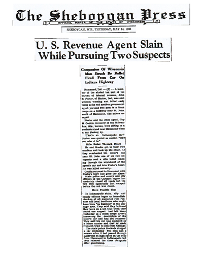 Newspaper article from The Sheboggan Press, with headline: U.S. Revenue Agent Slain While Pursuing Two Suspects